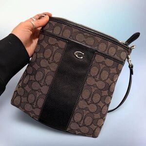 Vintage 90s Coach Brown Monogram Signature Shoulder Bag with Silver Accents